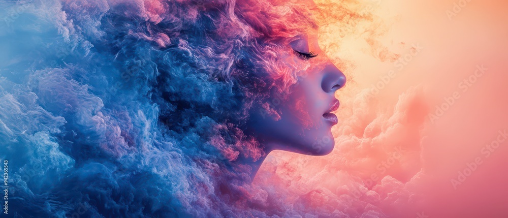 A serene woman surrounded by colorful wisps of cloud during sunset A serene woman surrounded by colorful wisps of cloud during sunset