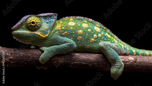 Exotic Tree Branch with Green Chameleon in Camouflage photo