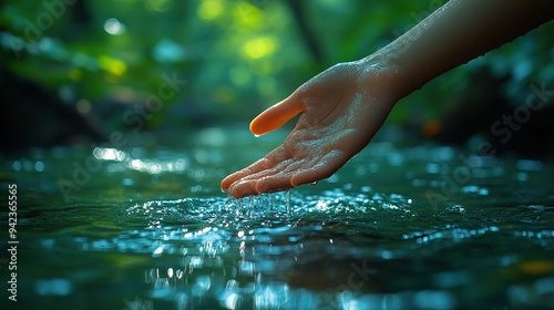 A gesture of ecological conservation and environmental preservation is symbolized by a hand touching the surface of pure green river water on a sunny day.