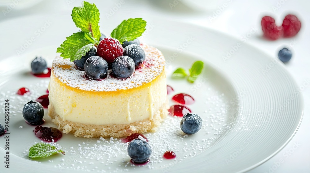 Delicate bird's milk cake garnished with blueberries and mint leaves, served on a white plate, with a clean white background for a bright presentation. Delicate bird's milk cake garnished with blueberries and mint leaves, served on a white plate, with a clean white background for a bright presentation.