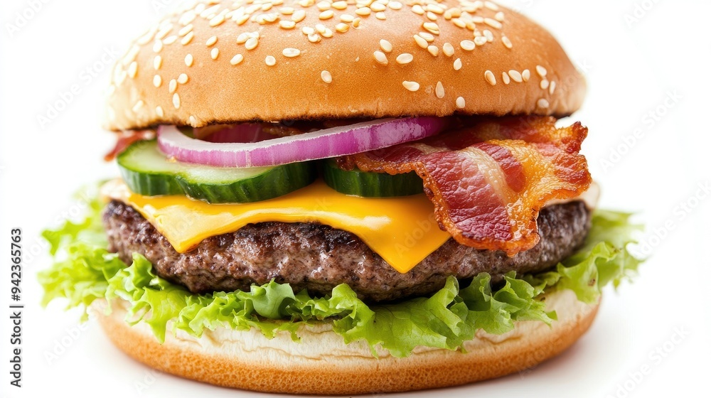 Delicious burger loaded with cheese, crispy bacon, onions, cucumbers, tomatoes, and lettuce, isolated on white. Delicious burger loaded with cheese, crispy bacon, onions, cucumbers, tomatoes, and lettuce, isolated on white.