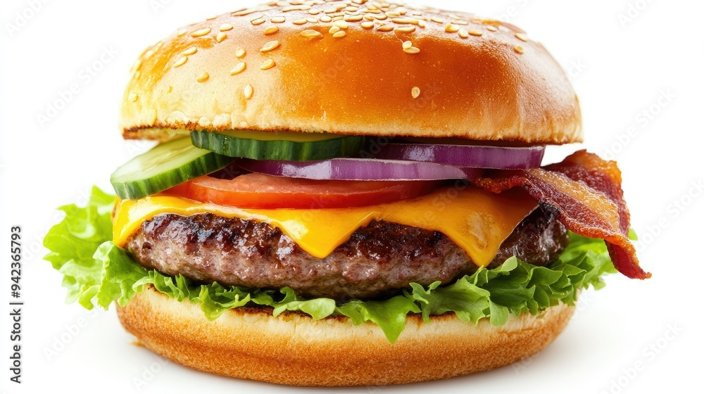 Delicious burger with melted cheese, bacon, onion, cucumbers, tomatoes, and lettuce, isolated on white. Delicious burger with melted cheese, bacon, onion, cucumbers, tomatoes, and lettuce, isolated on white.