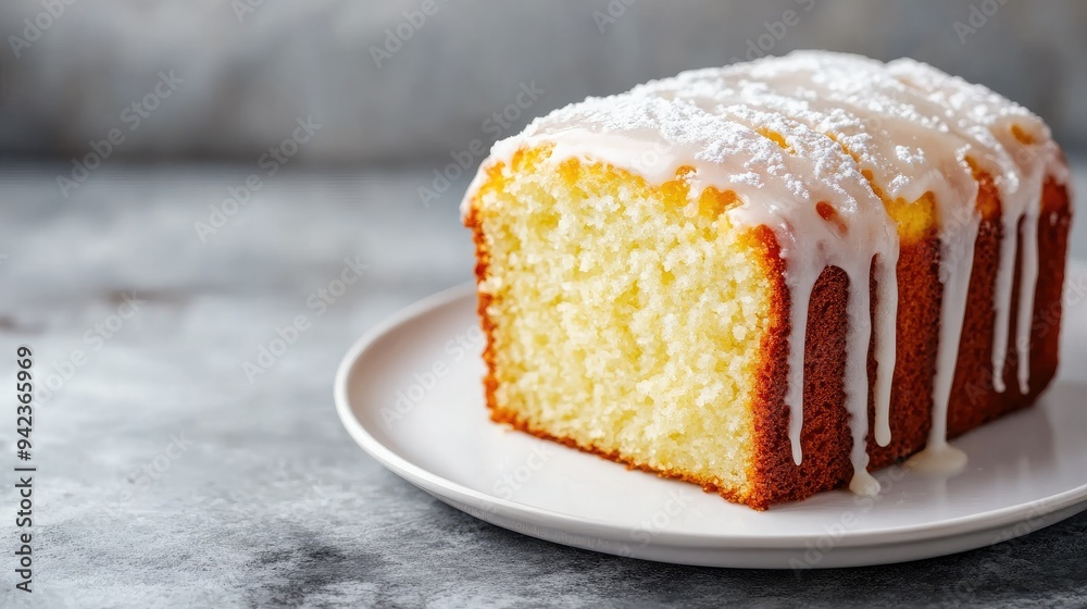 Delicious lemon loaf cake topped with sugar icing, served on a white plate on a stone surface. Minimalistic composition with copy space. Delicious lemon loaf cake topped with sugar icing, served on a white plate on a stone surface. Minimalistic composition with copy space.