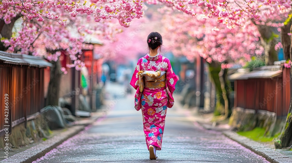 Fototapeta premium Dressed in a vibrant kimono, a young Japanese woman walks under blooming sakura trees at Rokusonno Shrine in Kyoto, enjoying the beauty of spring.
