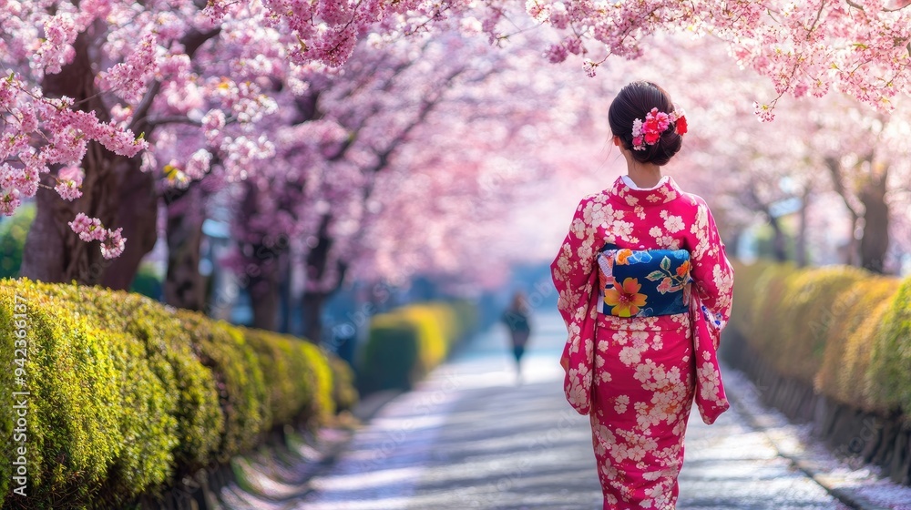 Dressed in a vibrant kimono, a young Japanese woman walks under blooming sakura trees at Rokusonno Shrine in Kyoto, enjoying the beauty of spring. Dressed in a vibrant kimono, a young Japanese woman walks under blooming sakura trees at Rokusonno Shrine in Kyoto, enjoying the beauty of spring.
