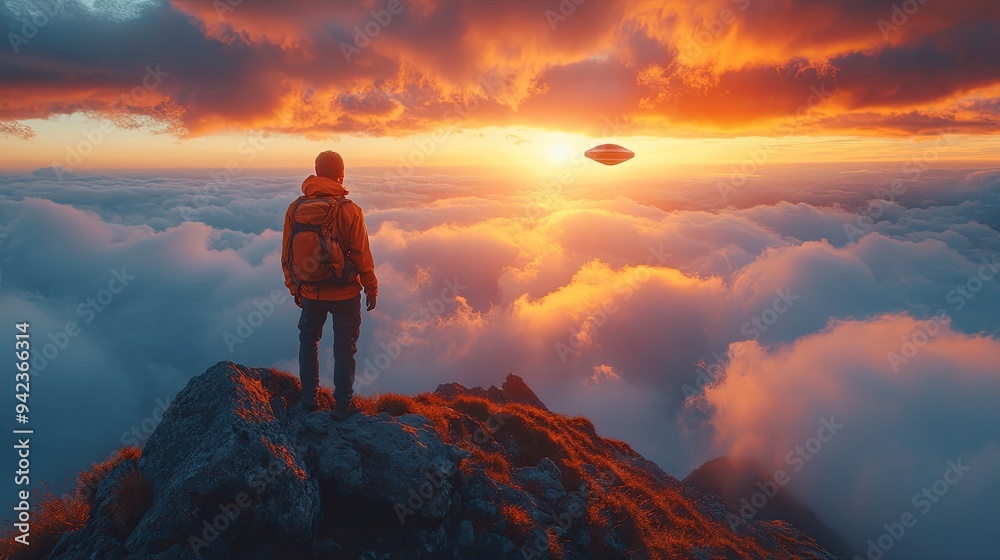 A lone hiker on a mountain peak at dusk observes a giant UFO hovering in the sky, illuminated by the sunset. A lone hiker on a mountain peak at dusk observes a giant UFO hovering in the sky, illuminated by the sunset.