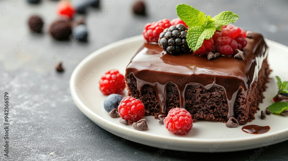 Elegant dessert: Chocolate brownies with a smooth chocolate glaze, garnished with fresh berries and mint, beautifully arranged on a white plate, on a gray concrete surface. Elegant dessert: Chocolate brownies with a smooth chocolate glaze, garnished with fresh berries and mint, beautifully arranged on a white plate, on a gray concrete surface.