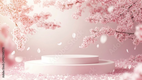 Elegant podium set under blooming sakura trees, with petals gently falling around. A perfect spring scene for showcasing natural beauty products.