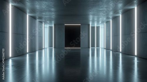 Empty futuristic room with clean, polished cement floors and minimalistic light accents, offering a modern, high-tech setting for product displays or interior design concepts.