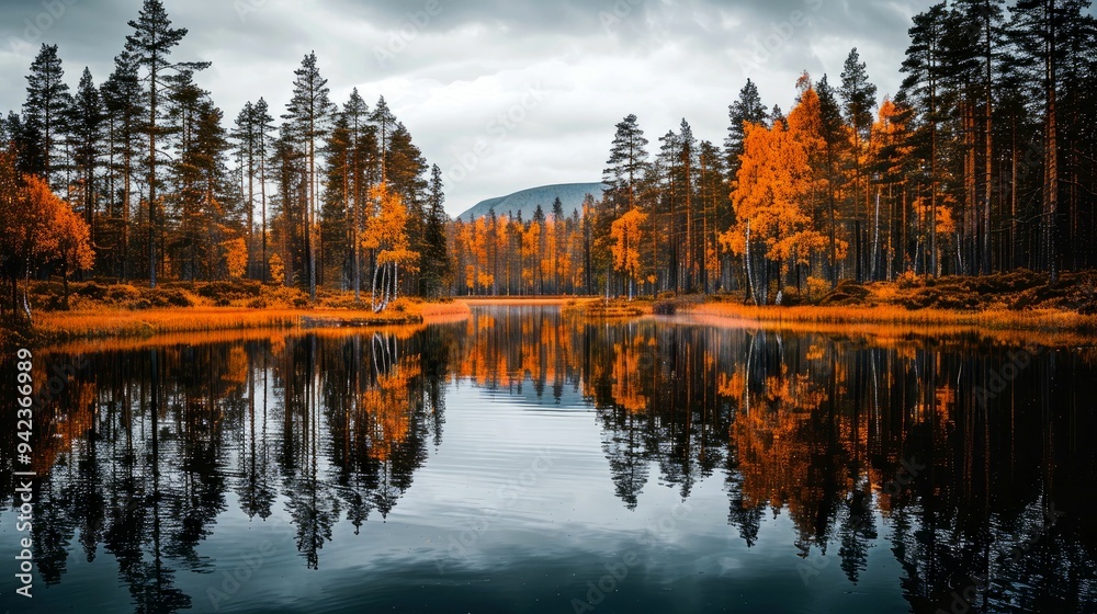 Obraz premium Autumnal Forest Reflections in a Still Lake