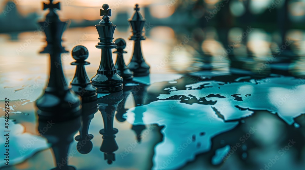 Chess pieces seen from close up, reflecting world map, multinational business strategy generative ai Chess pieces seen from close up, reflecting world map, multinational business strategy generative ai