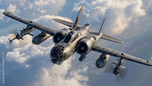 Air force plane flying in the sky, white with black stripes on wings and tail wing,