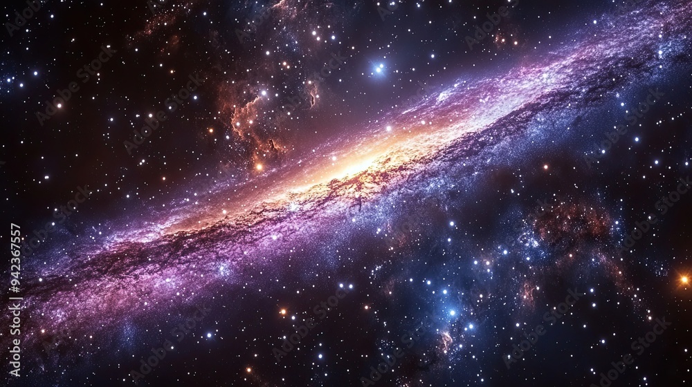 Obraz premium A purple and blue galaxy stretches across the cosmos, filled with countless stars.