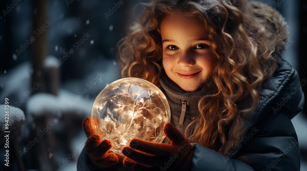 Naklejka premium wonder on a child's face as they unwrap a present to find a magical snow globe that transports them into a winter wonderland.