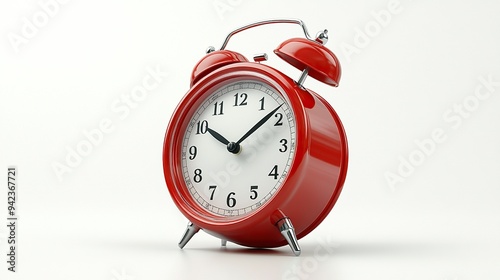 Signaling the passage of time, a red alarm clock rings loudly against a white background. photo