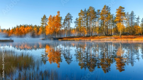 Autumn Forest Reflecting in Still Lake Water