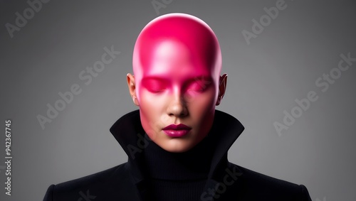 Futuristic Portrait with Neon Pink Face, Abstract Style, Wallpaper, Cover and Screen for Smartphone, PC, Laptop, 16:9 Format