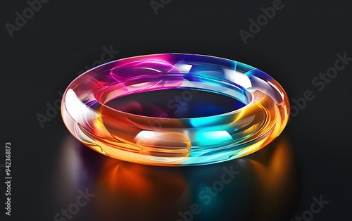 3d render of colorful glass ring on black background, glowing light effect