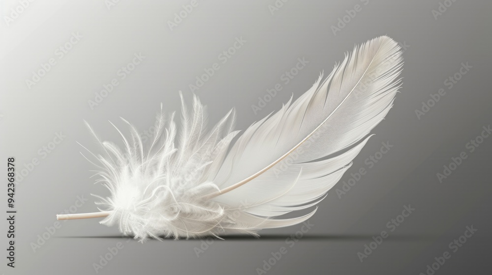 Obraz premium A single white feather rests on a neutral gray background