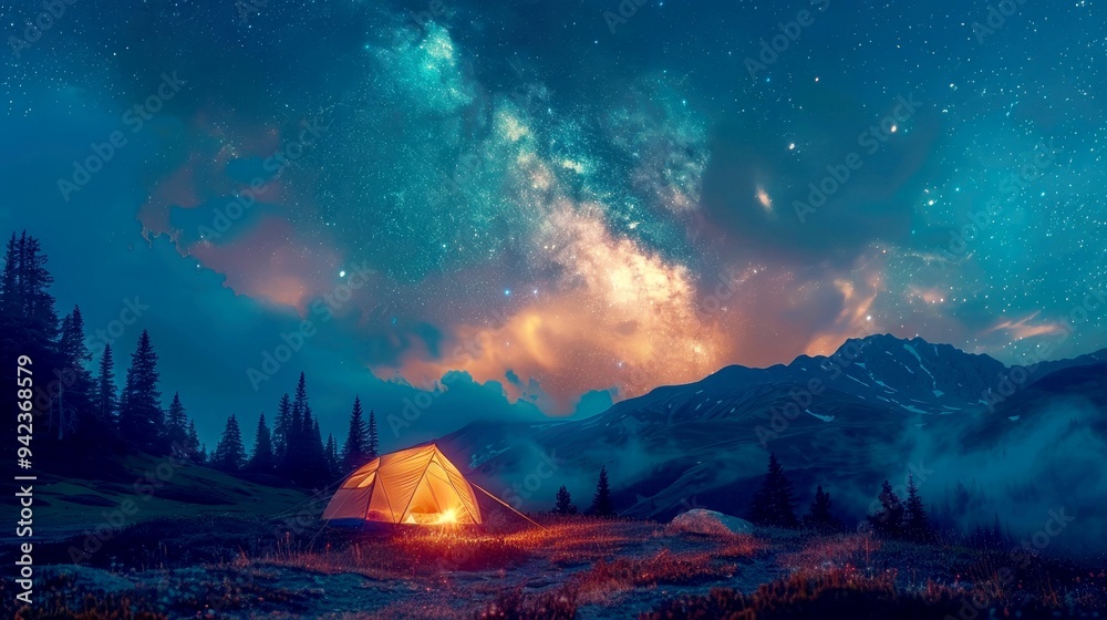 Illuminated Tent Under a Starry Milky Way Sky in the Mountains Illuminated Tent Under a Starry Milky Way Sky in the Mountains