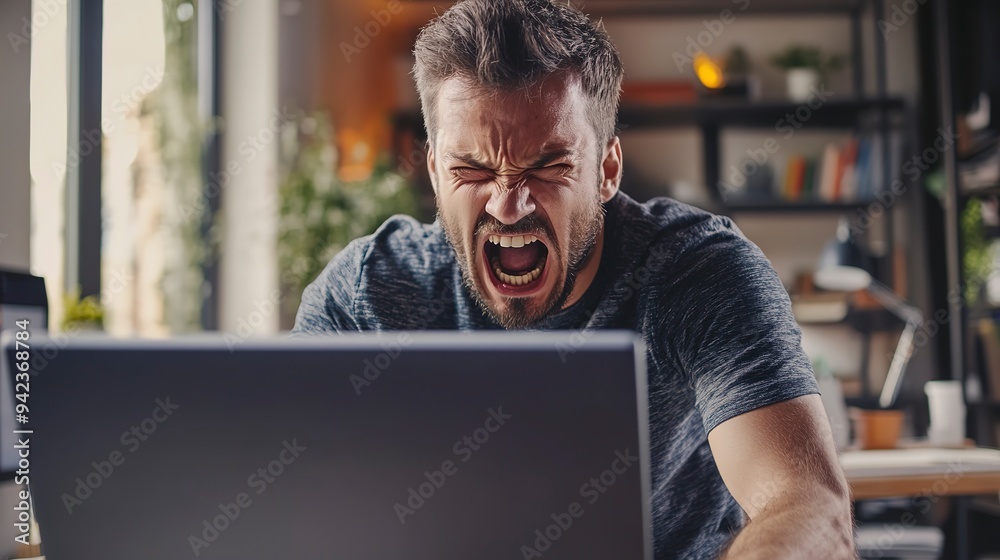 An angry man shouting on a computer while working An angry man shouting on a computer while working