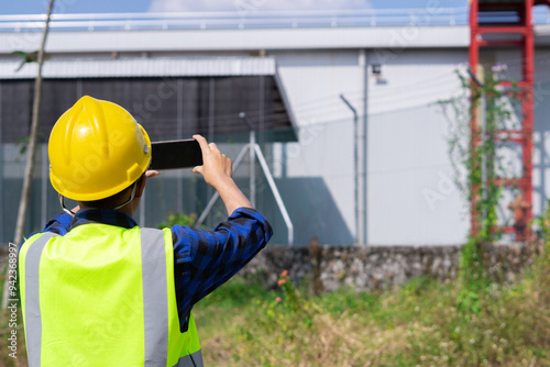 An engineer in a hard hat and safety vest conducts a site inspection, using a smartphone to photograph an industrial building for a report.