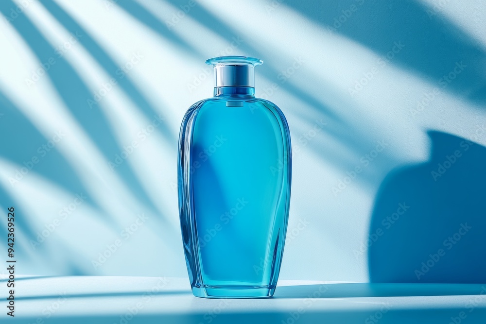 Blue bottle with shadow on minimalist background Blue bottle with shadow on minimalist background