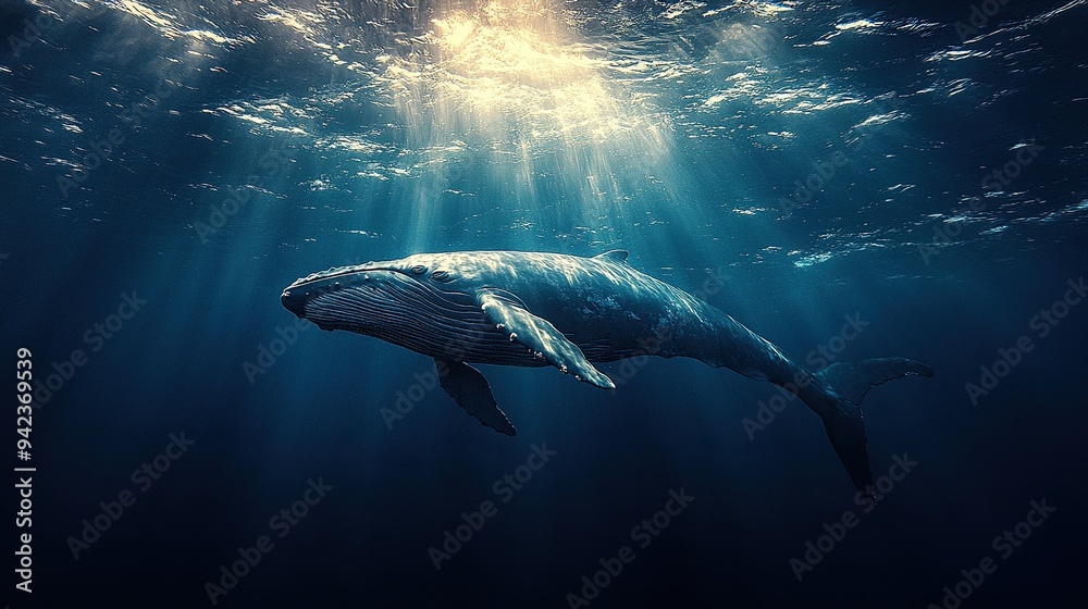 A whale emerges majestically from the ocean depths, bathed in rays of sunlight, creating an awe-inspiring underwater spectacle. A whale emerges majestically from the ocean depths, bathed in rays of sunlight, creating an awe-inspiring underwater spectacle.