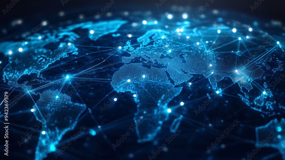 Abstract world map, concept of global network and connectivity, international data transfer and cyber technology, worldwide business, information exchange and telecommunication Abstract world map, concept of global network and connectivity, international data transfer and cyber technology, worldwide business, information exchange and telecommunication