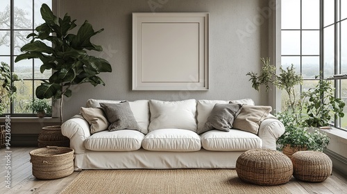 An elegant white couch is set against a large white-framed picture, enhancing the room's sophistication.