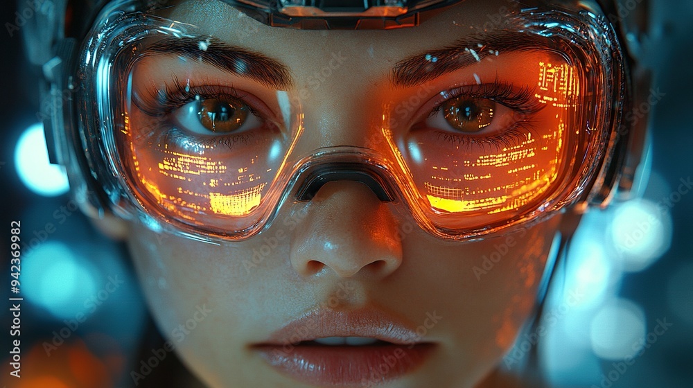 Dressed in a futuristic outfit and goggles, a woman explores a high-tech setting, symbolizing advanced technological exploration. Dressed in a futuristic outfit and goggles, a woman explores a high-tech setting, symbolizing advanced technological exploration.