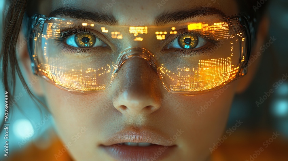 Dressed in a futuristic outfit and goggles, a woman explores a high-tech setting, symbolizing advanced technological exploration. Dressed in a futuristic outfit and goggles, a woman explores a high-tech setting, symbolizing advanced technological exploration.
