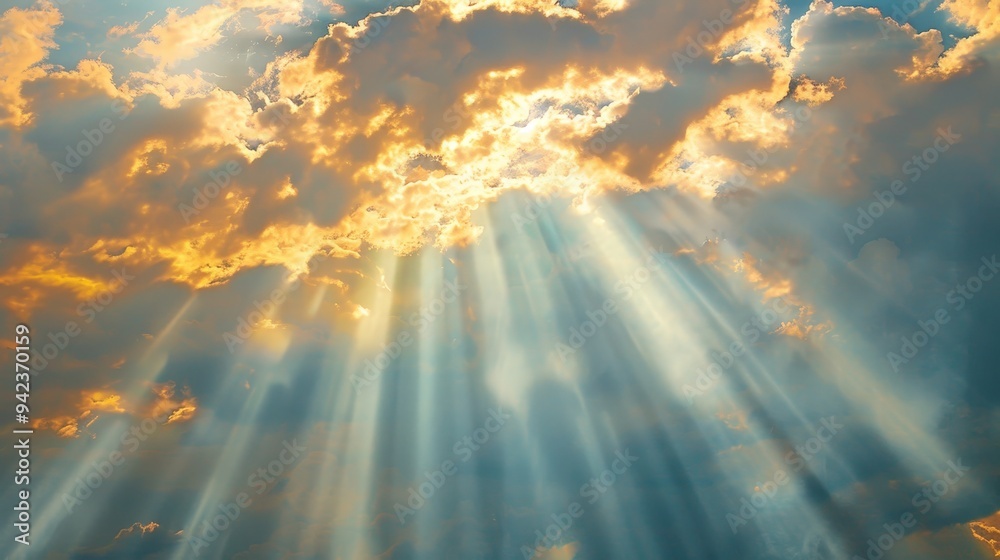 Fototapeta premium Sunbeams filter through gaps in the clouds, creating radiant shafts of light in the sky.