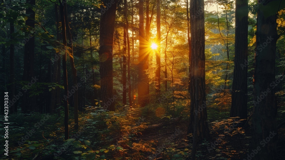 Sunsets in the forest cast a warm, golden light through the trees, creating a serene and enchanting scene. Sunsets in the forest cast a warm, golden light through the trees, creating a serene and enchanting scene.