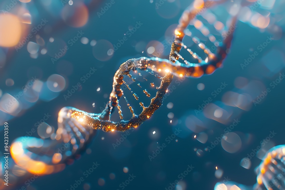 Closeup of the double helix DNA structure, a realistic 3D model, on a blue background with soft shadows and highlights, Closeup of the double helix DNA structure, a realistic 3D model, on a blue background with soft shadows and highlights,