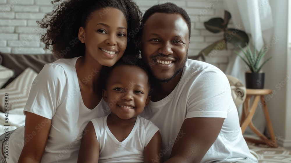 Relationship concept. Smiling young family in white t-shirts hugging and having fun while sitting on the floor and looking at camera Relationship concept. Smiling young family in white t-shirts hugging and having fun while sitting on the floor and looking at camera