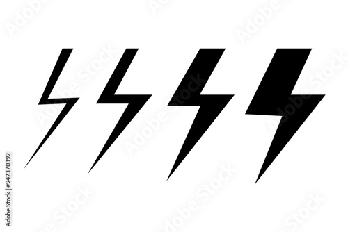 Black lightning bolt icon. Simple sharp edges. Repeated in four variations. Bold minimal design.