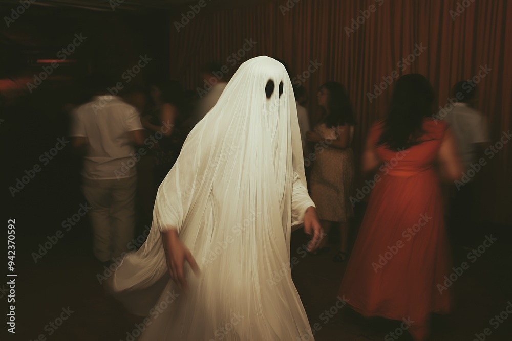 Person in a ghost costume with black eyes and mouth, standing in a dimly lit room with blurred partygoers in the background. Person in a ghost costume with black eyes and mouth, standing in a dimly lit room with blurred partygoers in the background.