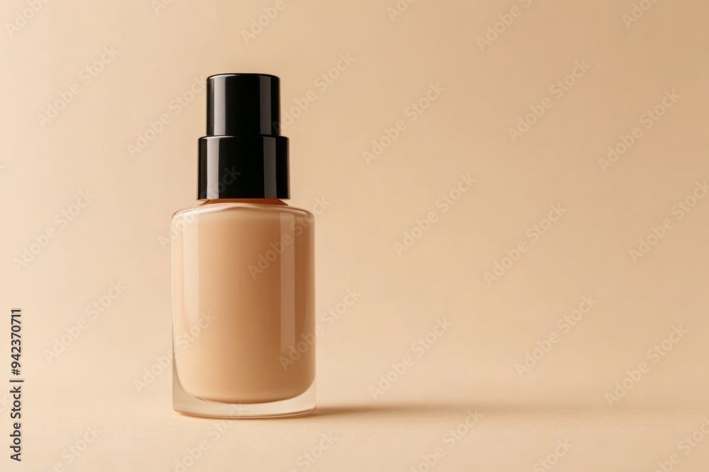 Clear beige foundation bottle on a soft, warm background, showcasing beauty product design and packaging Clear beige foundation bottle on a soft, warm background, showcasing beauty product design and packaging