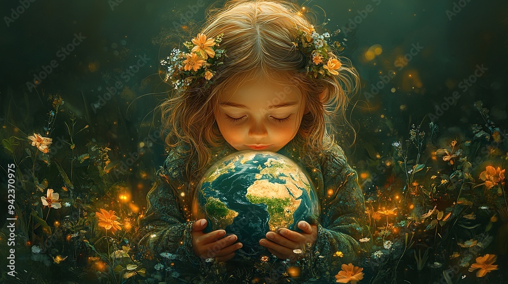 Naklejka premium In a conceptual illustration, a young girl hugs the globe, expressing care and affection for Earth.
