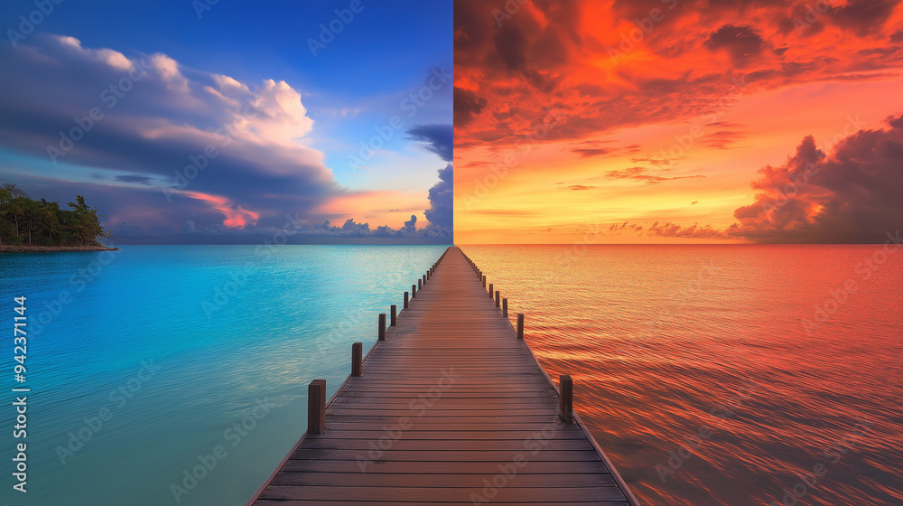 Sunset over the sea with a wooden pier stretching into the horizon Sunset over the sea with a wooden pier stretching into the horizon