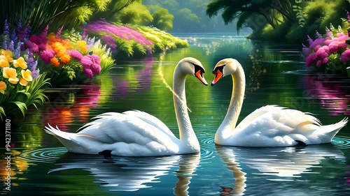 Two swans facing each other, forming a heart shape, in a colorful garden pond with vibrant flowers. Seamless looping time-lapse video background.