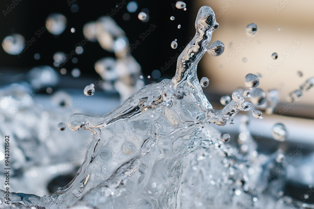 Abstract blue water splash with falling drops and bubbles, macro shot Abstract blue water splash with falling drops and bubbles, macro shot
