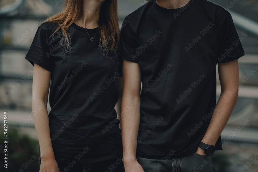 Two individuals dressed in matching black t-shirts standing together in an urban environment Two individuals dressed in matching black t-shirts standing together in an urban environment