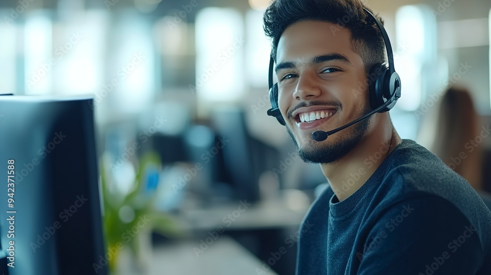 Cheerful young man wearing a headset and working at a computer, in a customer service or call center environment. Cheerful young man wearing a headset and working at a computer, in a customer service or call center environment.