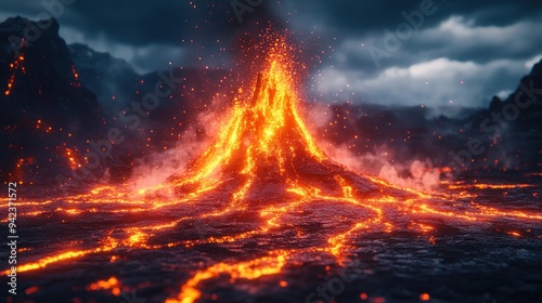 Erupting Volcano with Lava Flow