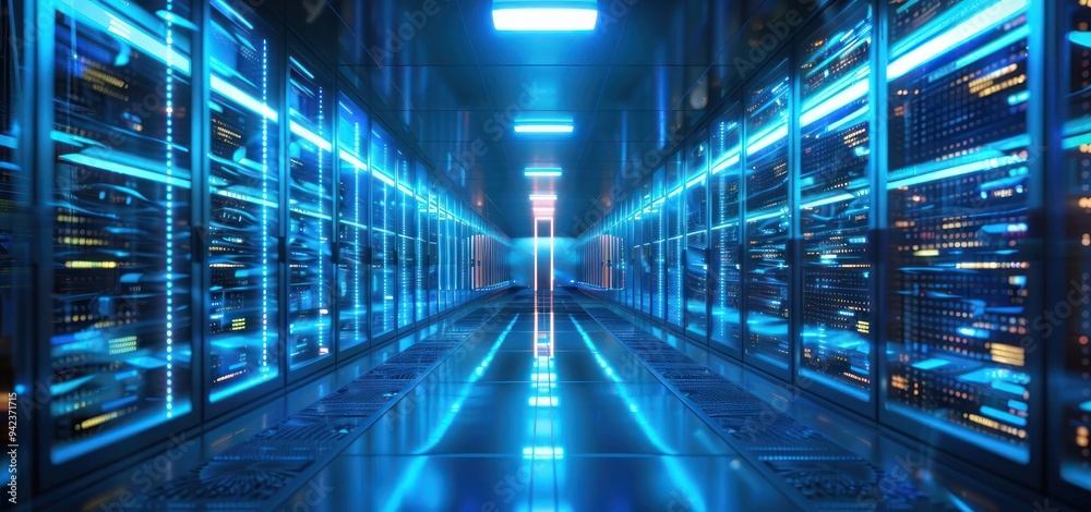 A Server Room With Neon Blue Lights A Server Room With Neon Blue Lights