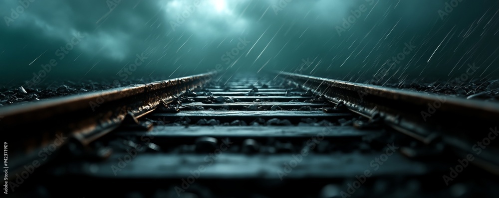 Moody train tracks under rain with dark clouds, evoking a sense of solitude and reflection in a dramatic atmosphere. Moody train tracks under rain with dark clouds, evoking a sense of solitude and reflection in a dramatic atmosphere.