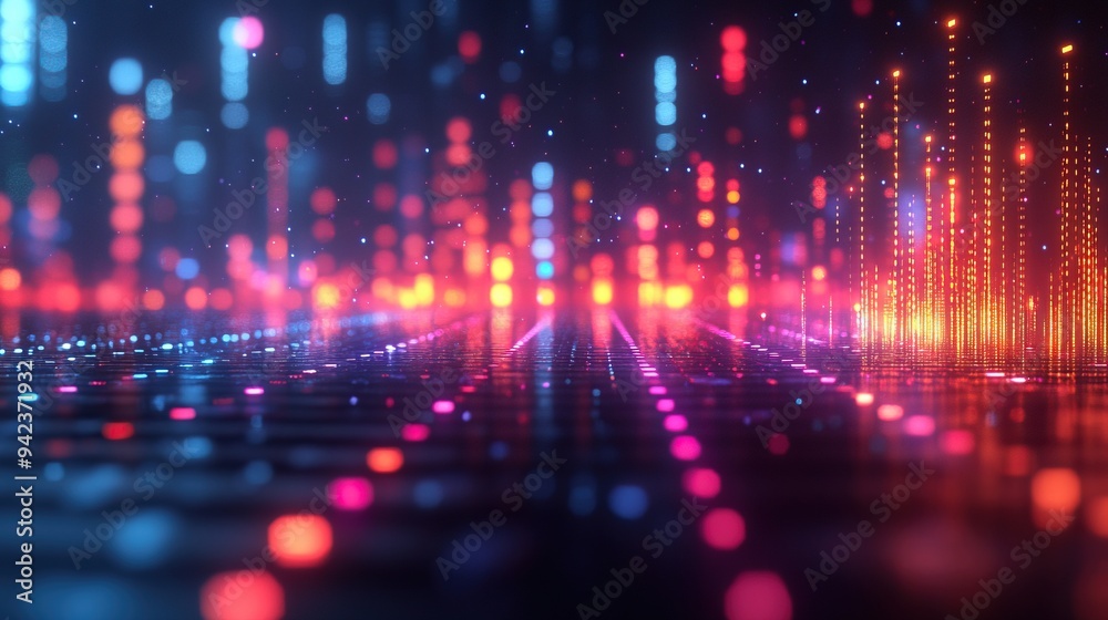 An abstract audio visualizer displays colorful bars and buttons, enhancing the visual representation of sound. An abstract audio visualizer displays colorful bars and buttons, enhancing the visual representation of sound.