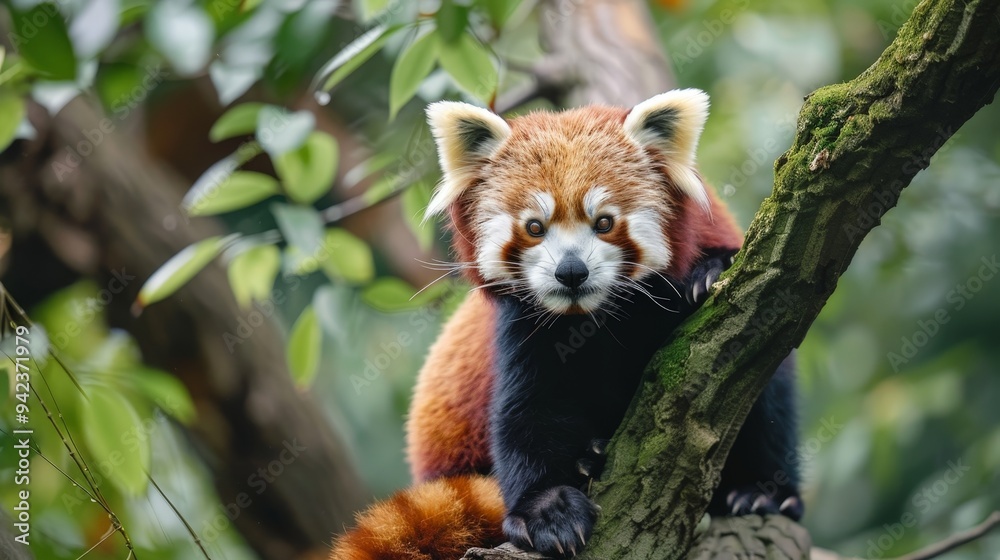 Obraz premium Red pandas are adorable tree-dwelling mammals, with bushy tails and masked faces in Asian forests.